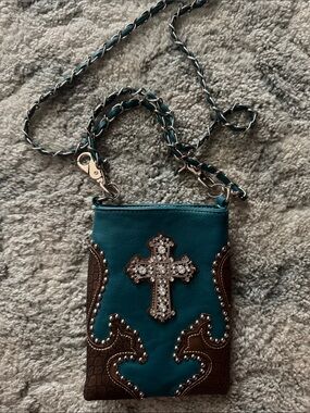 Rustic Couture leather Teal Cross Rhinestone Crossbody